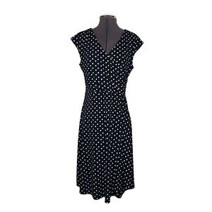 Talbots Black Blue White Polka Dot Faux Wrap Cap Sleeve Stretchy Midi dress MP